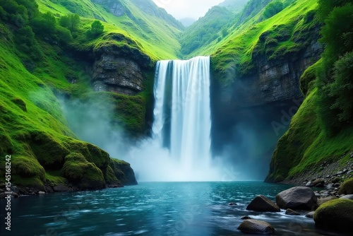 Serene cascading waterfall tumbling down lush green hills, creating a misty spray Perfect for travel, nature, and serenity themes , stream, flowing water, tourism