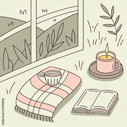 Cozy indoor scene with a window view, blanket, tea, candle, and book for a relaxing atmosphere indoors