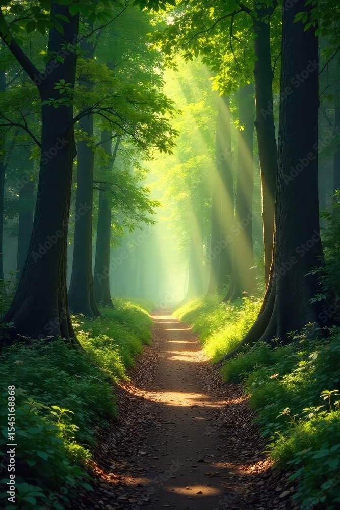 Obraz premium Sun-dappled forest path winds through ancient woods, dappled sunlight filtering through leaves, creating a magical atmosphere Perfect for fantasy, nature, or fairytale themes , environment, woodscape
