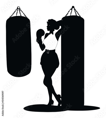 Elegant Female Boxer Silhouette with Punching Bags in Fitness Setting