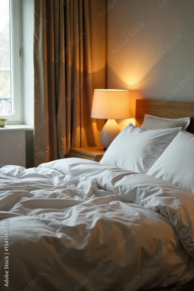 Warm, inviting bedroom scene with soft bedside lighting casting a gentle glow on crisp white bedding Perfect for relaxation, sleep, and home decor websites , bedroom, bedside Warm, inviting bedroom scene with soft bedside lighting casting a gentle glow on crisp white bedding Perfect for relaxation, sleep, and home decor websites , bedroom, bedside