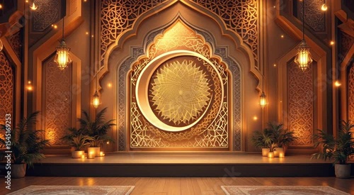 Luxurious islamic interior design with golden lanterns and decorative archway scene