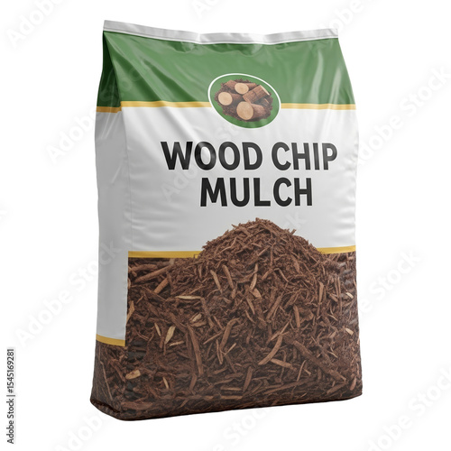 Wood chip mulch bag isolated on transparent background for gardening  