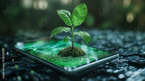 Generative AI plant growing from the smartphone screen eco concept

