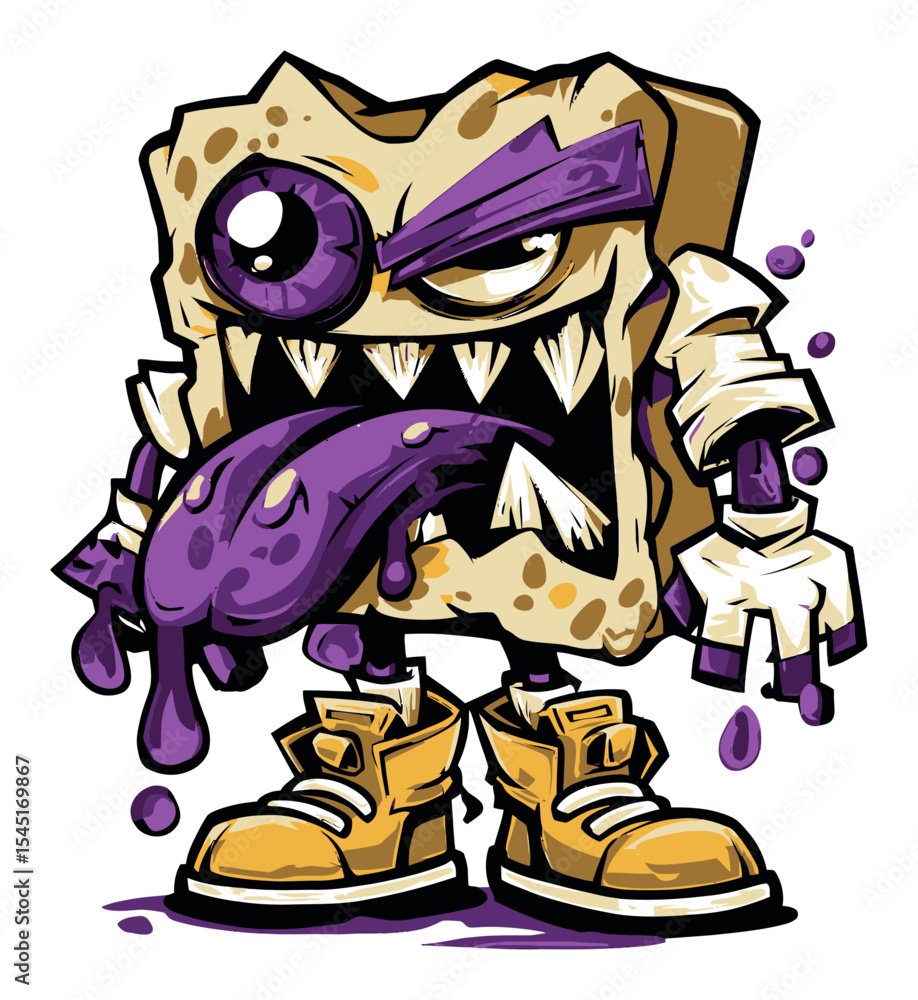 Cartoon Monster Sponge Character with Purple Tongue and Angry Expression Cartoon Monster Sponge Character with Purple Tongue and Angry Expression