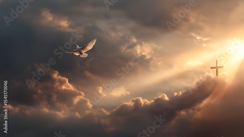 Radiant cross with descending dove and light beams. Holy Spirit symbol