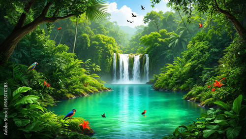 s a lush green forest with a waterfall in the middle. There are trees © Ventura