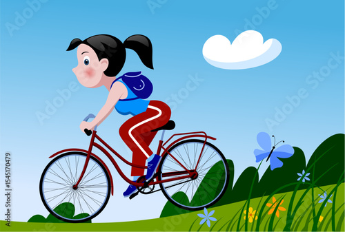 A funny girl in sportswear rides a red bicycle among a green summer landscape with decorative flowers and butterfly. Vector illustration in cartoon flat style