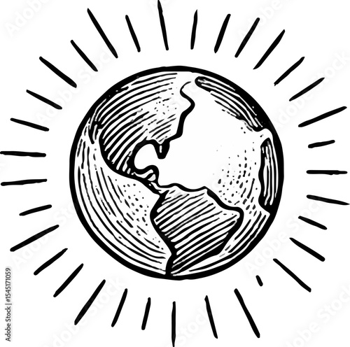Detailed black and white illustration of Earth radiating energy with sunburst rays, symbolizing global connectivity, environmental awareness, and planetary vitality
