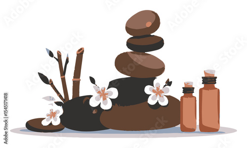 Tranquil Spa Composition with Stones, Flowers, and Essential Oil Bottles