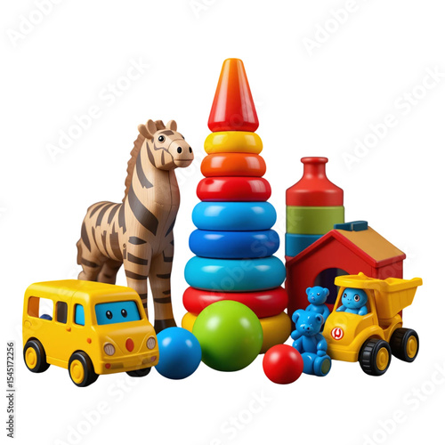 Colorful kids toys collection with blocks cars and giraffe figure isolated on transparent background