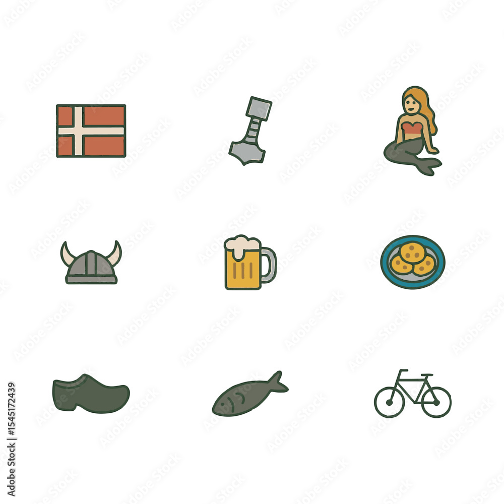 Naklejka premium Set of 9 Denmark icons, flag and national symbols. Simple cartoon style illustration.