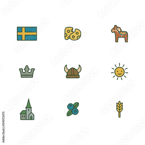 Set of 9 Sweden icons, flag and national symbols. Simple cartoon style illustration.