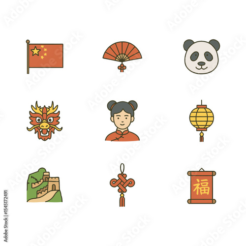Set of 9 China icons, flag and national symbols. Simple cartoon style illustration.