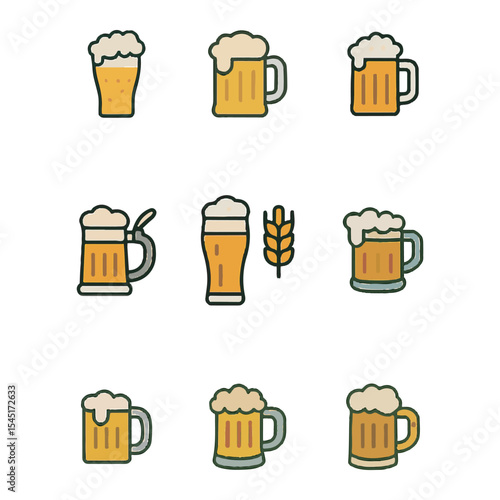Set of 9 Beer icons. Simple cartoon style illustration.