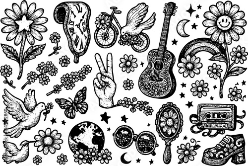 Black and white psychedelic-style doodle featuring peace symbols, melting clock, guitar, cassette, flowers, and Earth—celebrating retro culture, freedom, and artistic self-expression