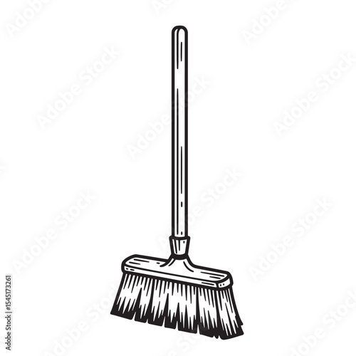 Hand drawn vintage art silhouette of a broom for cleaning floors and spaces with a whisk brush and handle