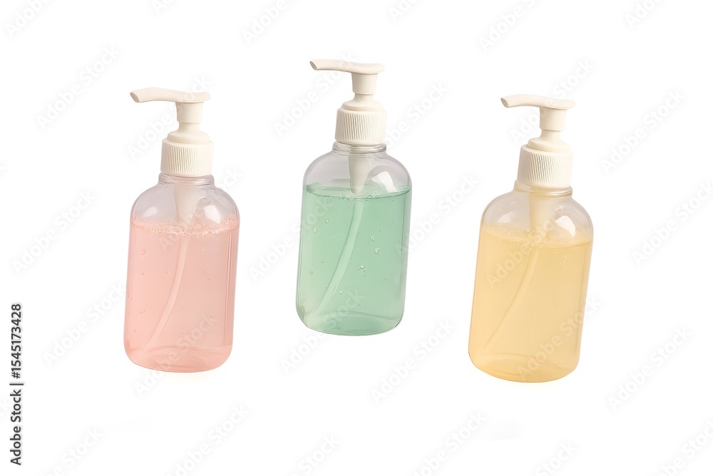 Three pastel colored bottles of liquid soap with pump dispensers Three pastel colored bottles of liquid soap with pump dispensers