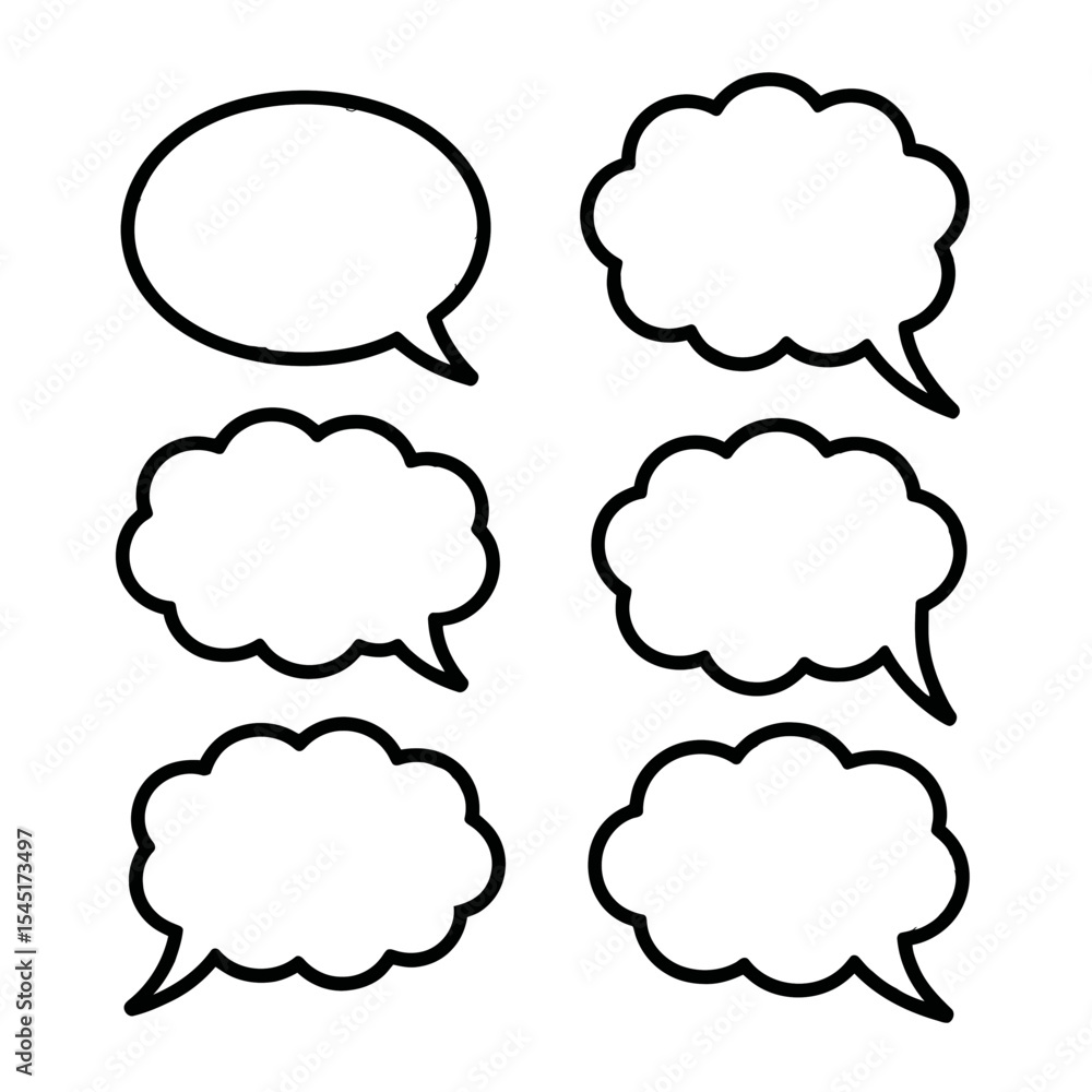 A collection of six empty speech bubbles is arranged in a grid A collection of six empty speech bubbles is arranged in a grid