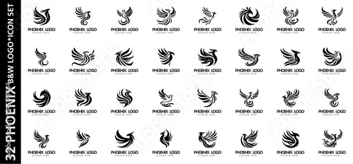 Collection of 32 phoenix logo designs in monochrome vector style. Abstract bird silhouettes, ideal for branding, identity, and mythical themes.