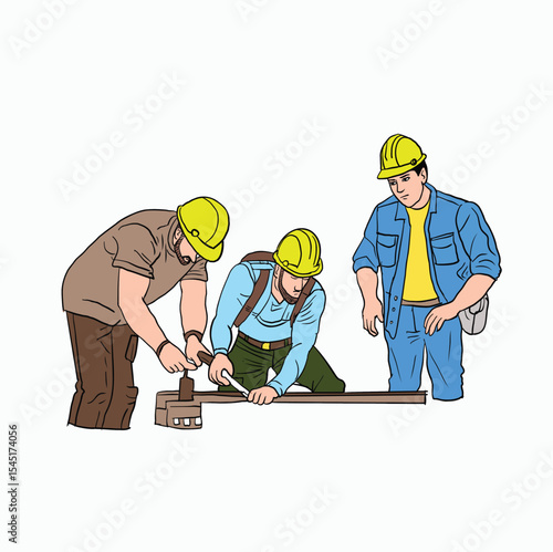 Construction Workers Building and Supervising. Cartoon Style Illustration