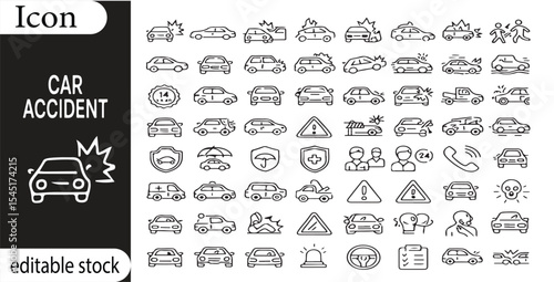 A collection of car accident icons depicting various scenarios and safety measures in detailed line art