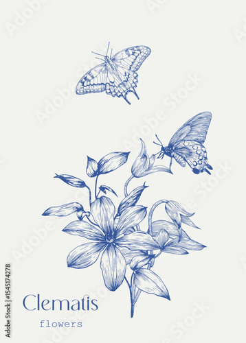 Clematis flowers bouquet and butterflies. Toile art Vector vintage template, blue beige. Hand drawn elements. Elegante illustration for design greeting card, wedding decor, invitation, gift