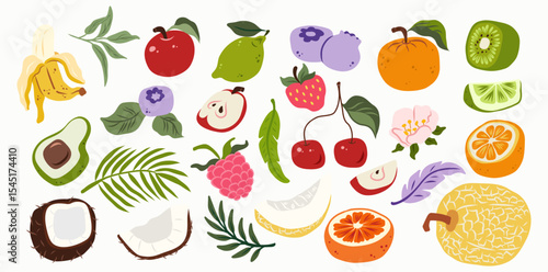 Colorful tropical fruit vector set with hand-drawn banana, apple, cherry, raspberry, lime, coconut, kiwi, melon, avocado, blueberry, citrus slices, leaves, and flowers in flat doodle design