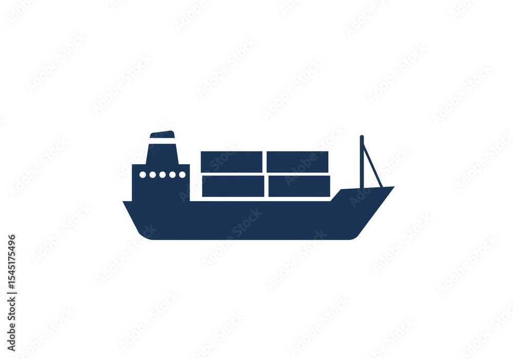 Obraz premium A simple navy blue silhouette of a cargo ship carrying containers on a white background image