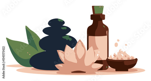 Relaxing Spa Elements with Stones, Leaves, Oil Bottle and Flower Design