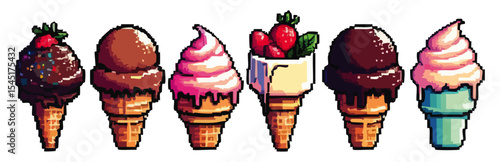 Pixel art of various ice cream cones with different toppings.
