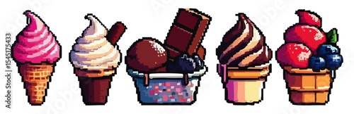 A vibrant collection of pixel art ice cream treats, showcasing various flavors and styles in cones and cups.