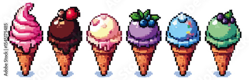 Six colorful pixelated ice cream cones with different flavors and toppings.