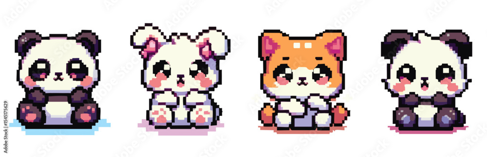 Fototapeta premium Adorable pixel art of two pandas, a bunny, and a fox, all sitting and looking cute.