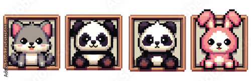 Cute pixel art portraits of a gray wolf, panda, and pink rabbit in framed pictures.