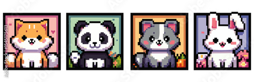 Pixel art portraits of cute animals, including a fox, panda, dog, and rabbit.