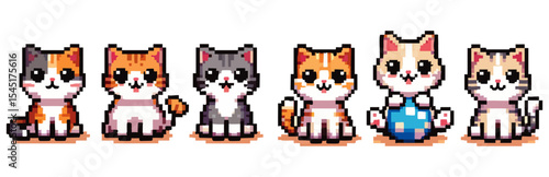 Adorable pixel art kittens in various colors and poses, some playing with a ball.