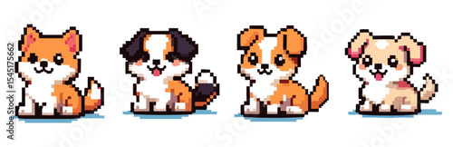 Four adorable pixel art puppies in various breeds, sitting and smiling.