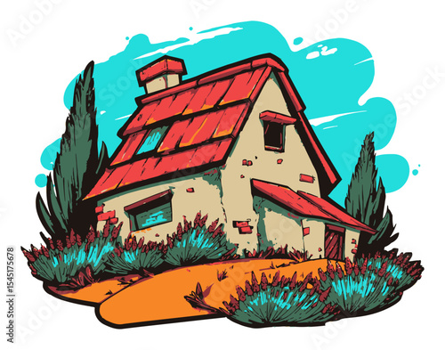 Charming Hand-Drawn House with Vibrant Colors and Stylish Landscape Elements