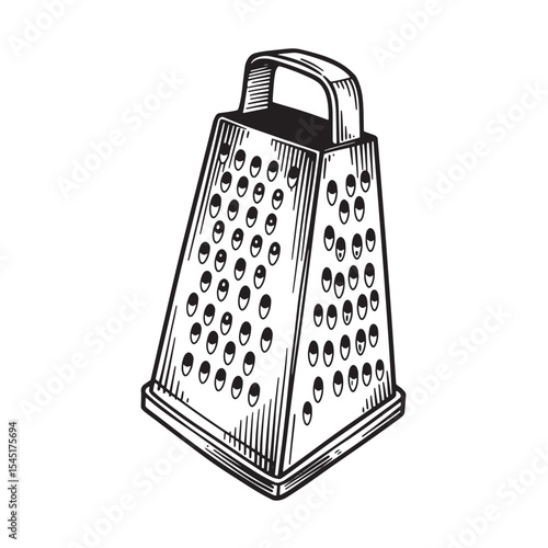 Vintage art silhouette of a four sided kitchen grater illustration black and white hand drawn culinary tool
