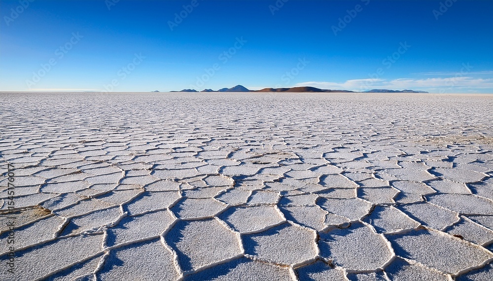 Fototapeta premium salt desert landscape forming polygonal cracks under blue sky in salar de uyuni bolivia
