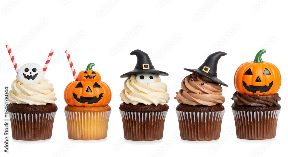 A collection of creatively decorated cupcakes themed for the Halloween holiday A collection of creatively decorated cupcakes themed for the Halloween holiday