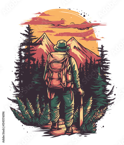Adventurous Hiker Surrounded by Nature in Vibrant Mountain Landscape Art
