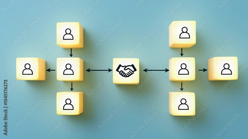 Handshake Icon on a Wooden Cube with Linked Human Icons, Representing New Business Alliance, Unified Team Dynamics, Leadership Structure and Collaborative Growth in New Corporate Hierarchy, Video Handshake Icon on a Wooden Cube with Linked Human Icons, Representing New Business Alliance, Unified Team Dynamics, Leadership Structure and Collaborative Growth in New Corporate Hierarchy, Video