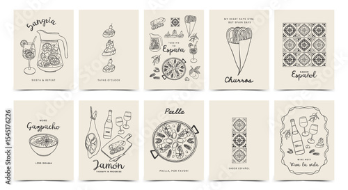 Hand Drawn Spanish Food and Culture Postcard Set. Whimsical Minimalist Line Art Illustrations with Quotes. Vector for wall decor, poster, cover, social media, ads, print, menu design.