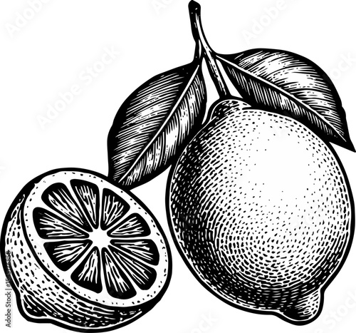 Black and white hand-drawn illustration of a whole lemon and halved lemon with leaves, detailed in engraving style, ideal for organic, botanical, and fresh citrus-themed design uses