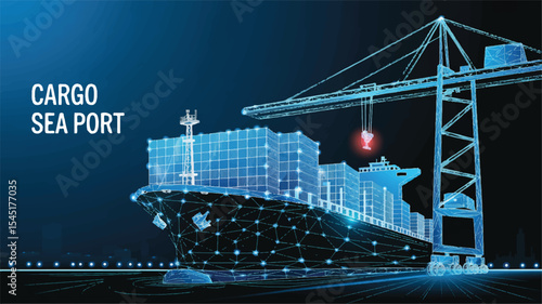 Low Poly Cargo Ship at Seaport Digital Illustration
