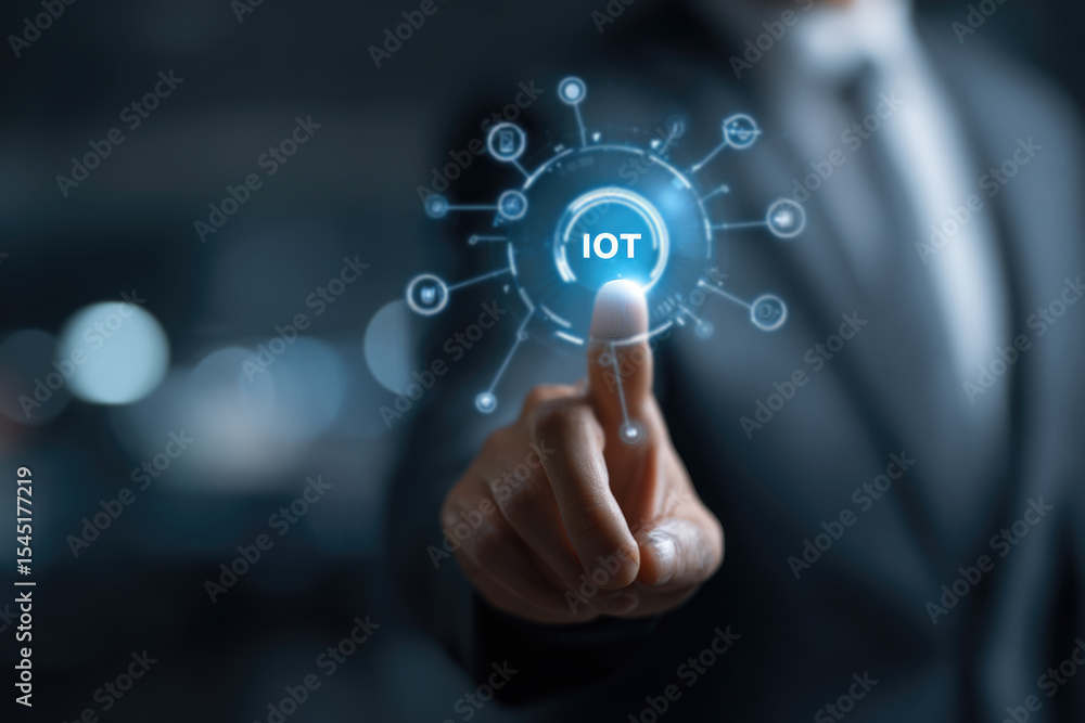 Fototapeta premium Smart business IOT, internet of things concept. Businessman touching IOT icon on virtual screen, connected internet network to access AI intelligence