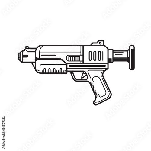 Vintage silhouette art of a retro sci fi blaster pistol weapon isolated on white