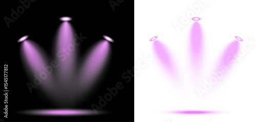 Triple purple spotlight beam vector design, realistic stage lighting effect in black and transparent background, for concert, theater, event, or product highlight concept